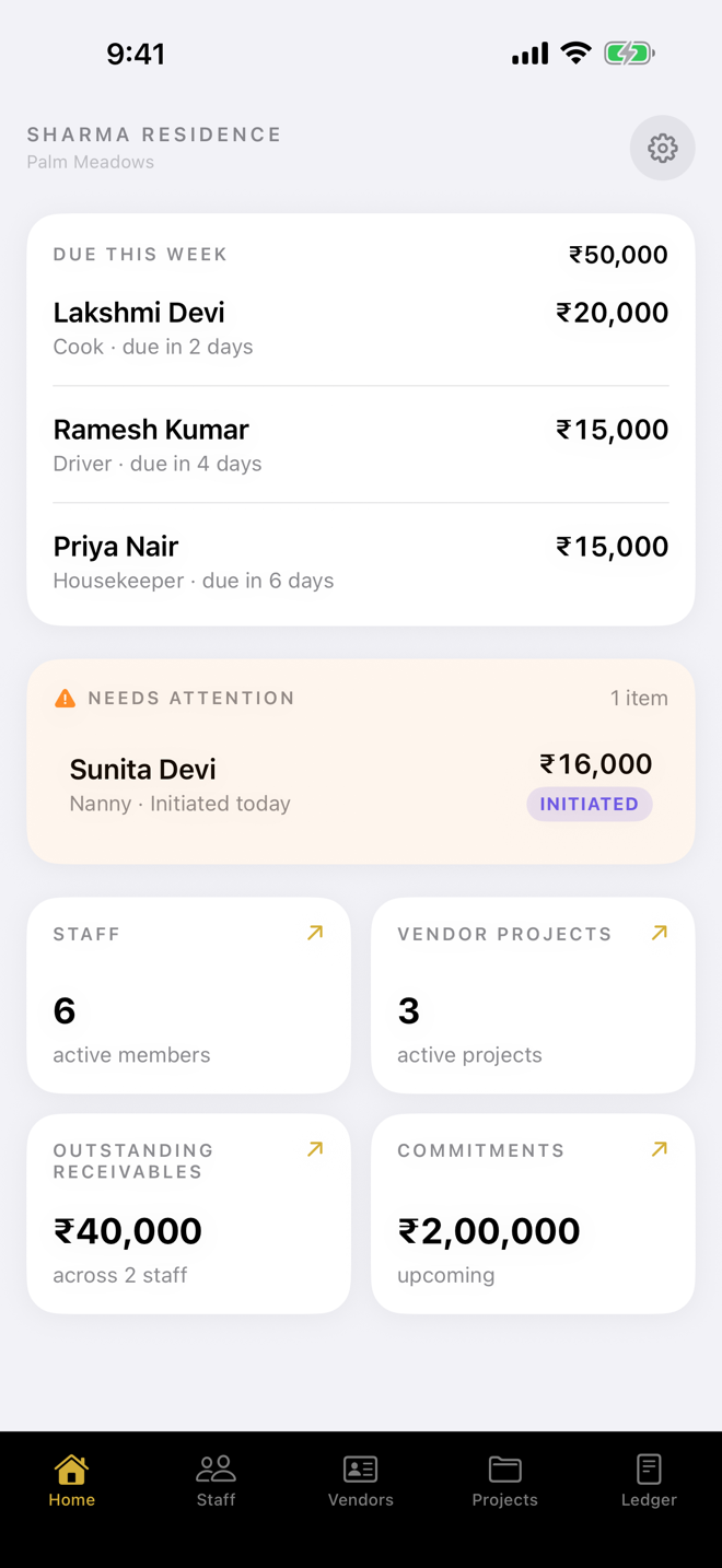 HomePilot dashboard showing upcoming payments, staff, vendor projects, and outstanding balances